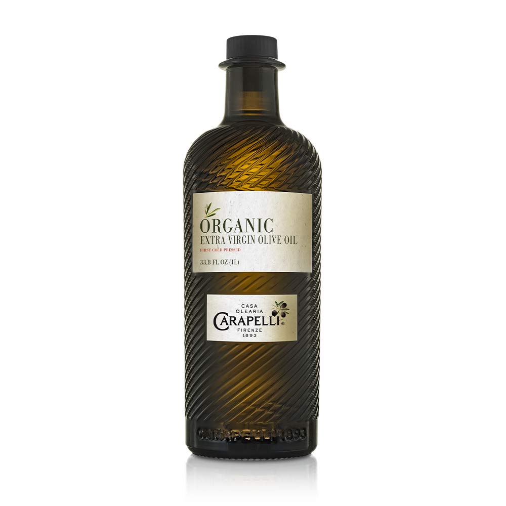 Carapelli organic olive oil bottle highlights premium cold-pressed flavor for everyday cooking.