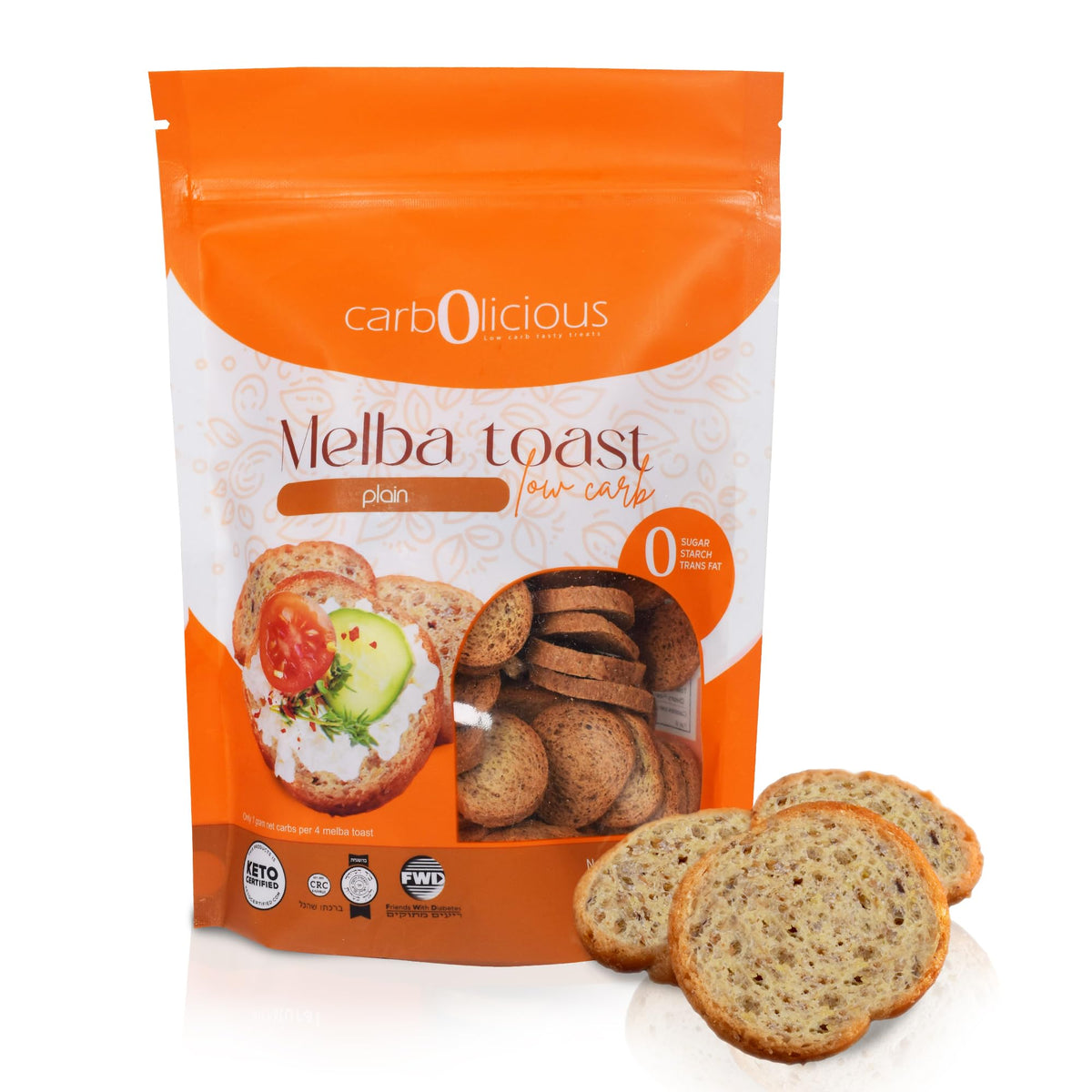 Carb-o-licious low-carb Melba toast plain 4oz package showing crisp bite ideal for snack time.