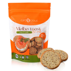 Carb-o-licious Melba Toast Onion & Garlic packshot highlights keto-friendly snack.
