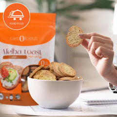 Carb-o-licious Melba toast plain packaging ready for pantry storage and travel.