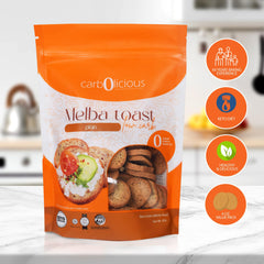 Carb-o-licious Melba toast plain on a plate for quick and crunchy snacks.