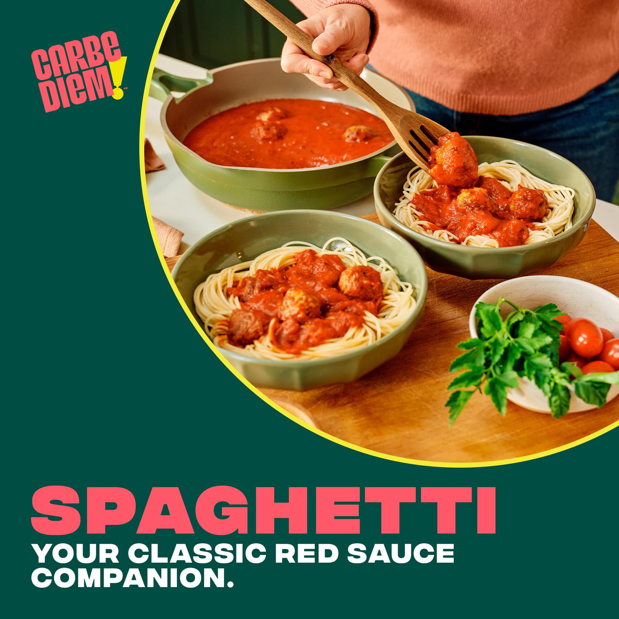 CARBE DIEM spaghetti cooked al dente closeup inviting sauce clinging to strands