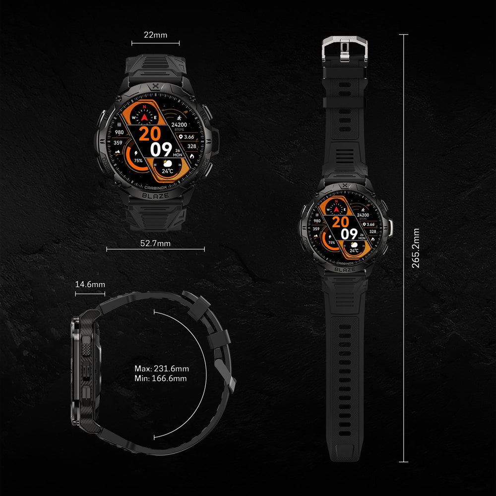 CARBINOX Blaze real-time health metrics track heart rate and activity insights.