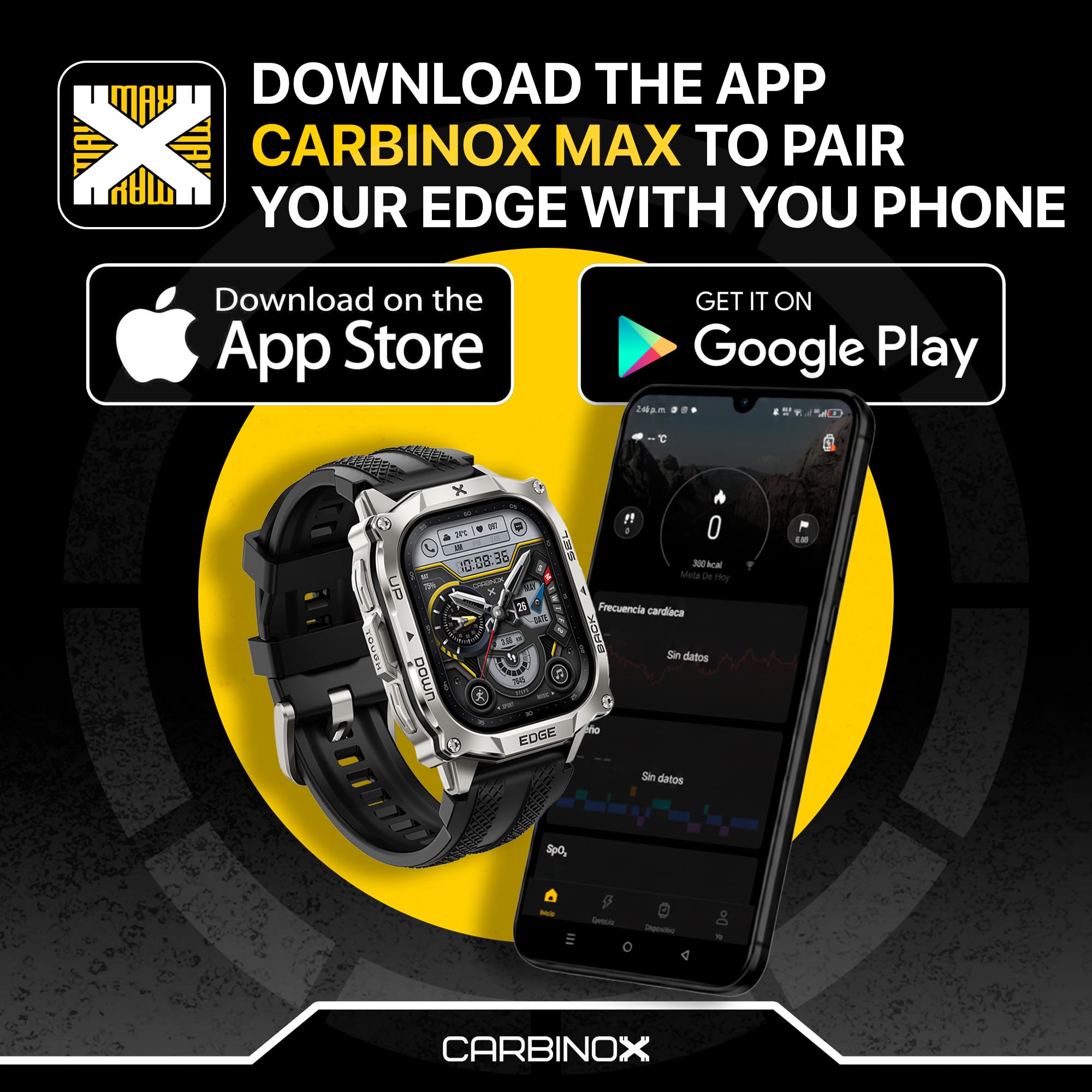 CARBINOX Edge MAX App syncs data, faces, and notifications.