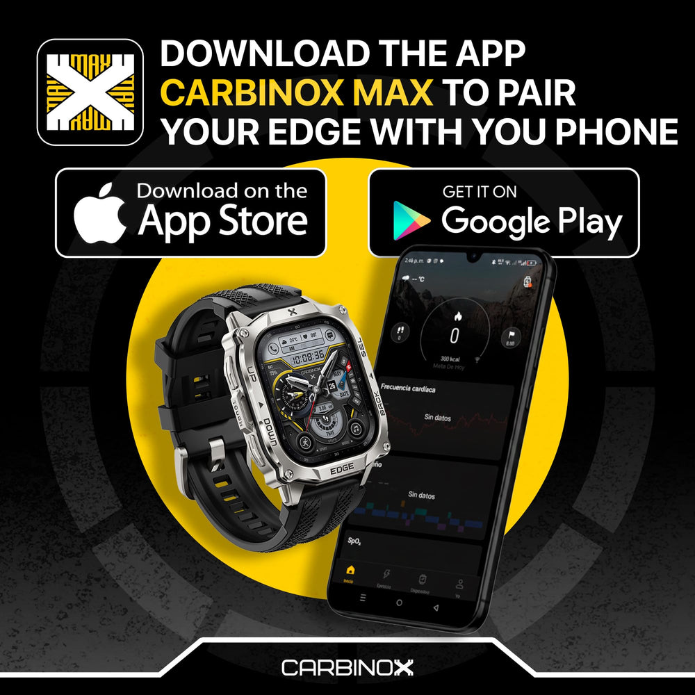 CARBINOX Edge MAX App syncs data, faces, and notifications.