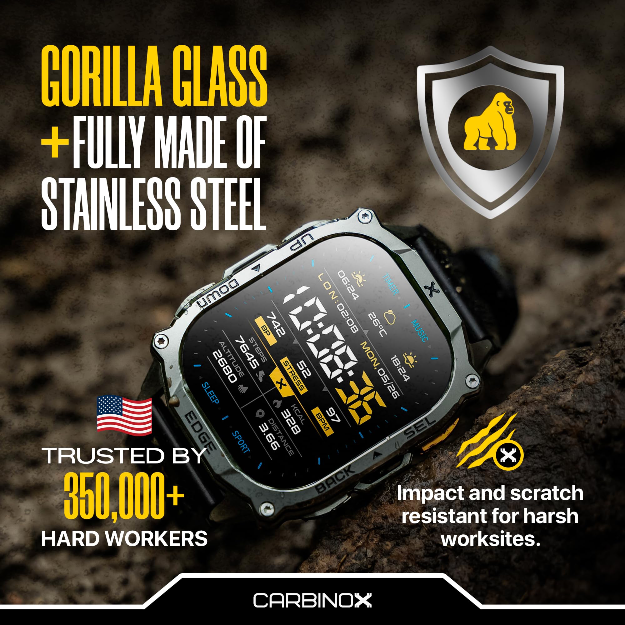 CARBINOX Edge rugged silicone strap fits 150–240 mm wrists for reliable wear.