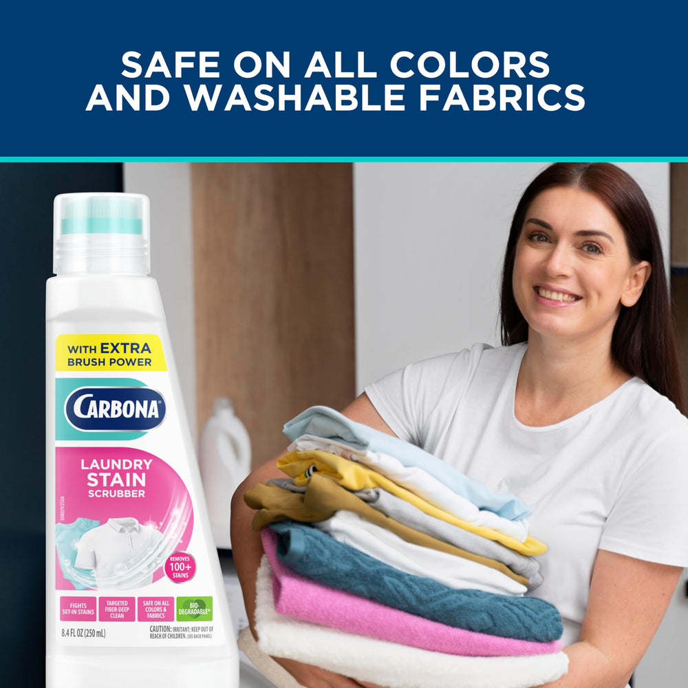Carbona stain scrubber usage: apply, brush, wait 10 minutes before washing.