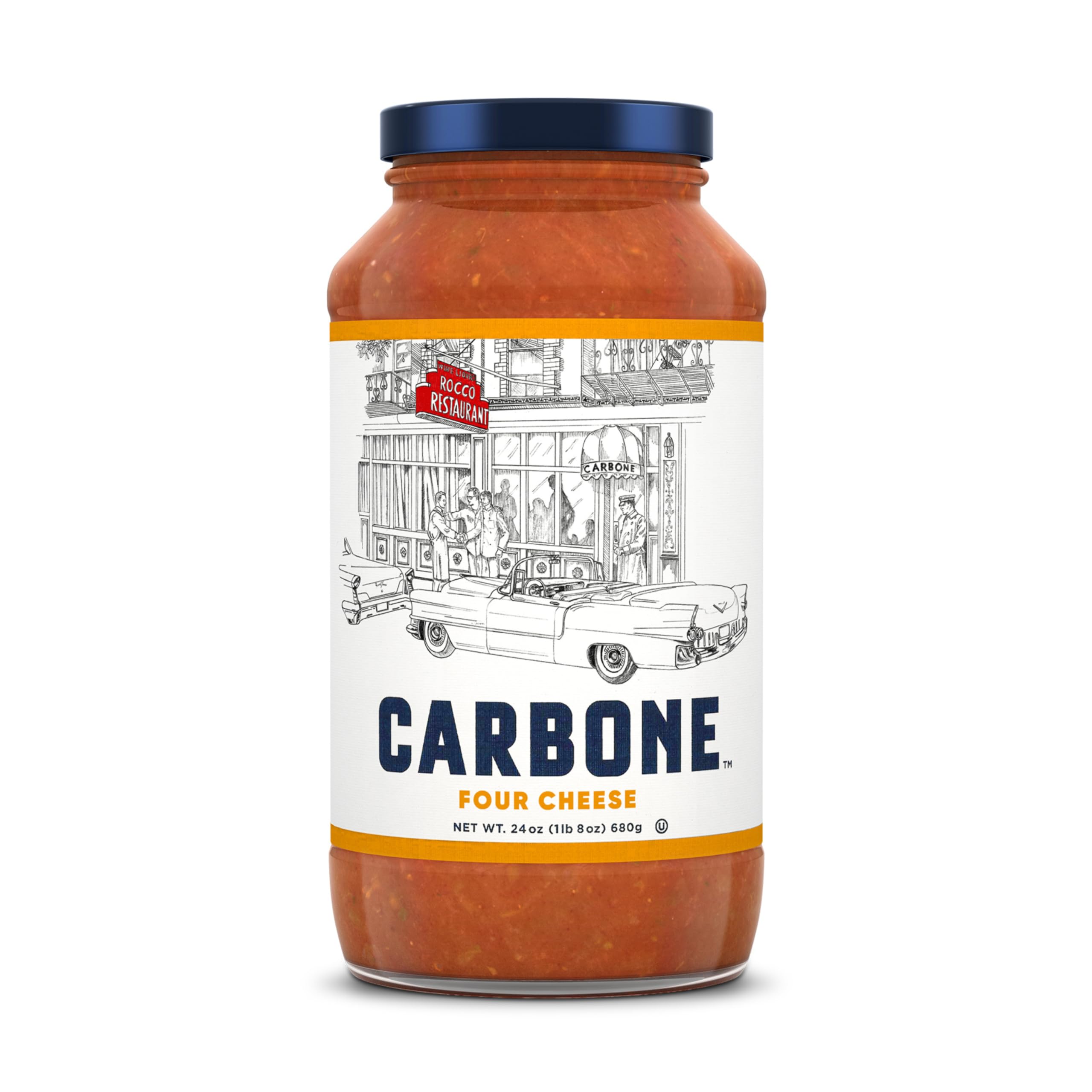 Carbone Four Cheese Pasta Sauce label highlights ingredients and no artificial additives