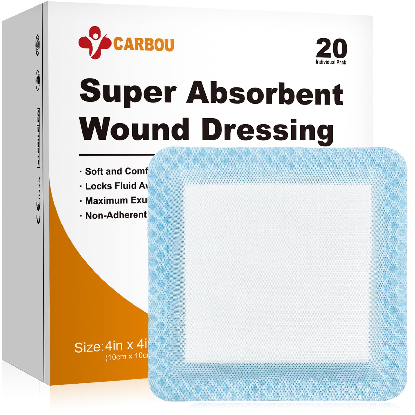 CARBOU 4x4 wound dressing showcases high absorbency for managing wound exudate effectively.