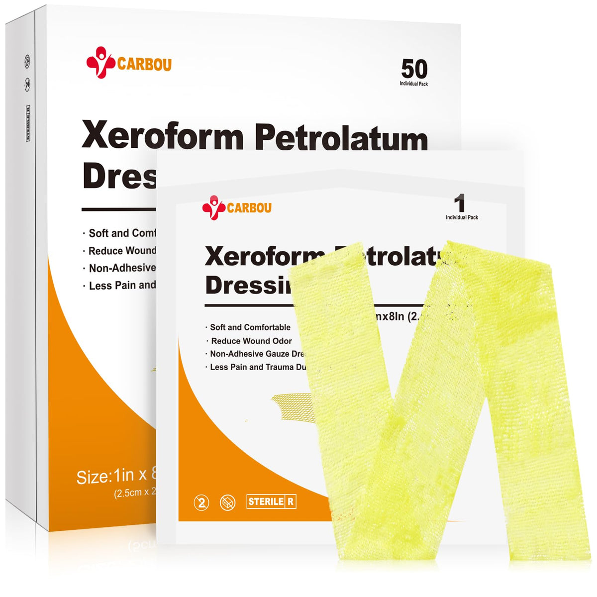 CARBOU Xeroform dressing in sterile 1x8 pack for safe wound care.