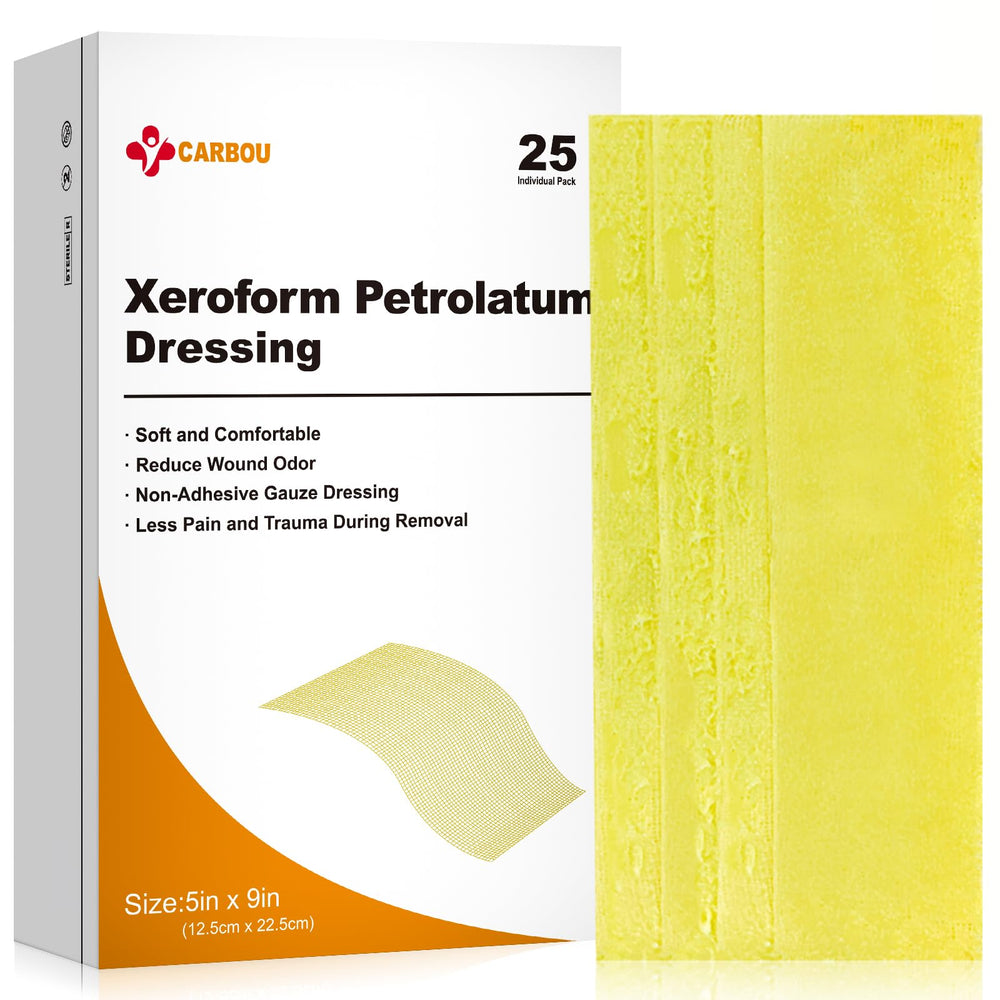 CARBOU Xeroform dressing 5x9 box packaging, sterile and ready for wound care.