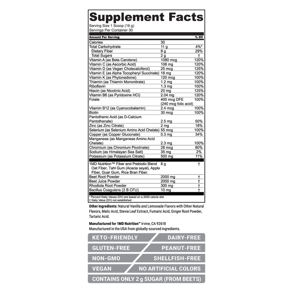CardioFitMD glass with prepared drink showing high-fiber plant-based nutrition
