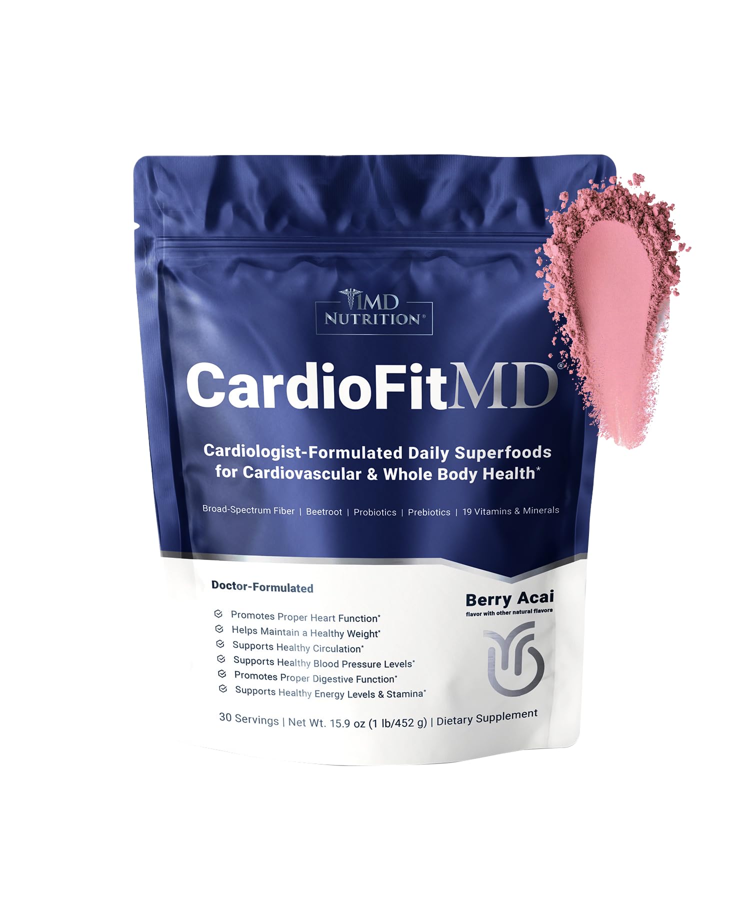 CardioFitMD vegan beetroot powder tub highlighting nitric oxide support and daily nutrition