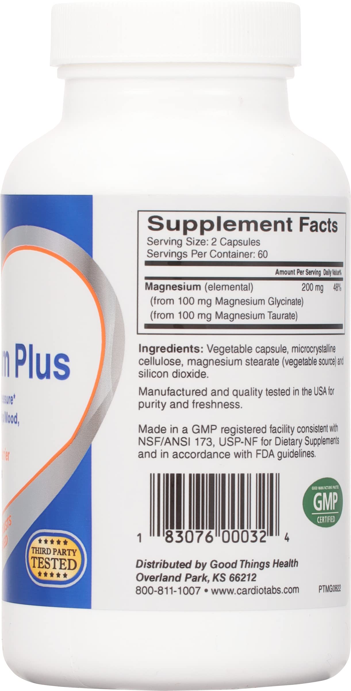 Close-up of CardioTabs Magnesium Plus capsules highlighting glycinate and taurate.