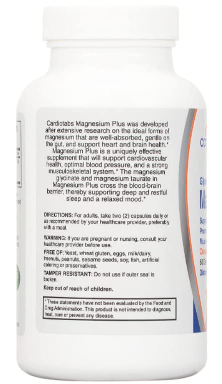 Packaging of CardioTabs Magnesium Plus emphasizes USA-made quality and purity.