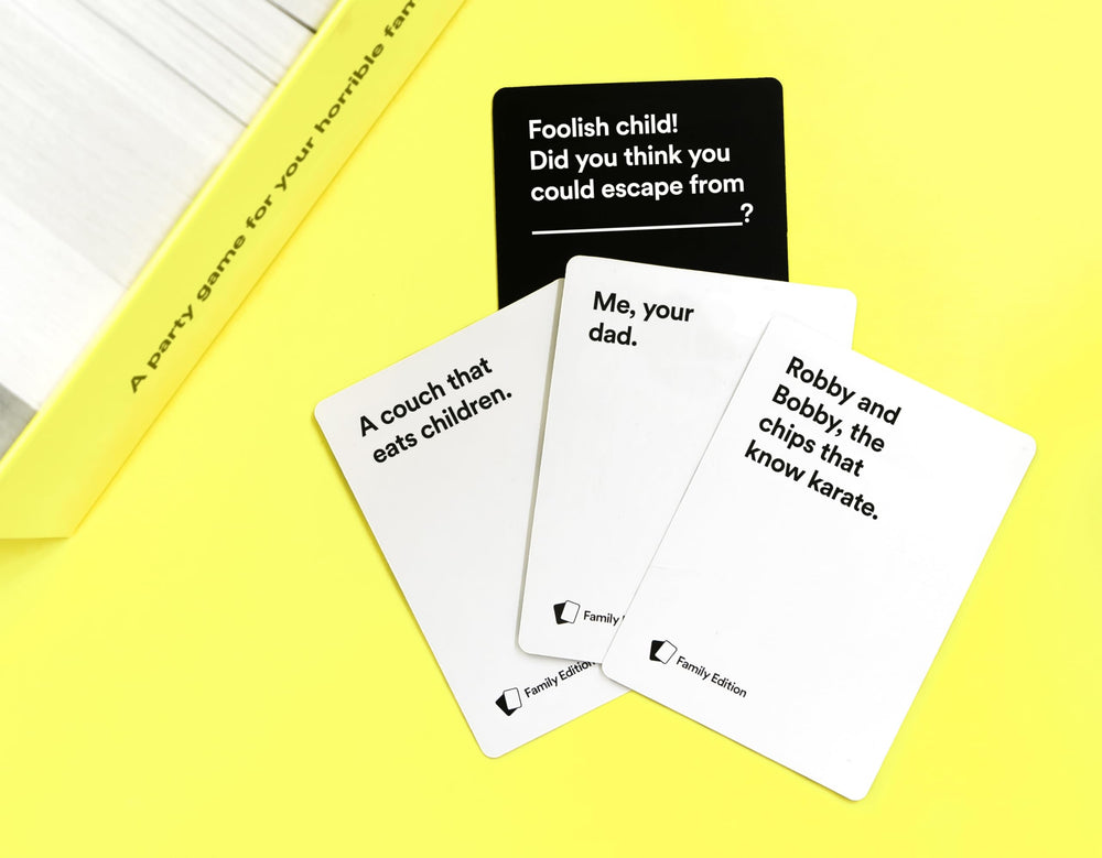 Cards Against Humanity Family Edition cards spread for playful storytelling and laughs.