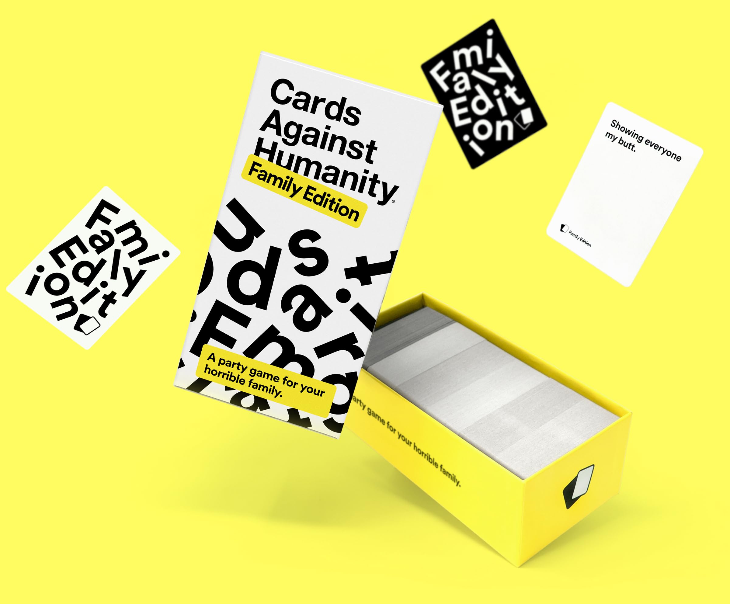 Cards Against Humanity Family Edition scenario cards spark kid-friendly humor.