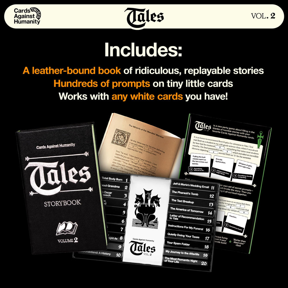 Cards Against Humanity Tales Vol. 2 prompt cards in matchboxes for quick, organized setup.