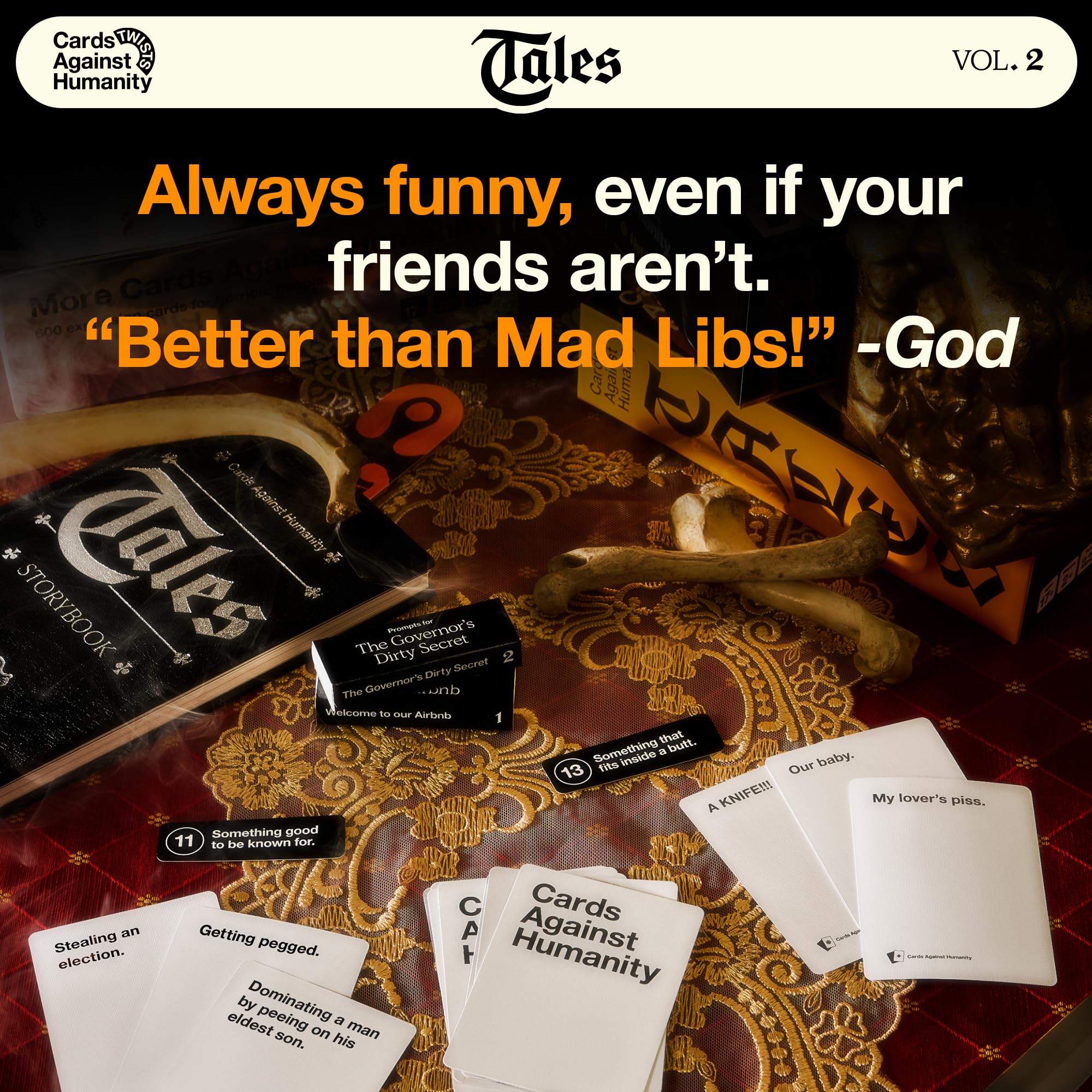 Cards Against Humanity Tales Vol. 2 read-aloud scenes boost group laughter and conversation.
