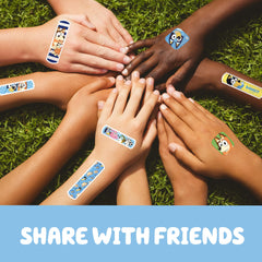 CARE BAND Bluey Kids Bandages 3-sizes visual guide highlights flexible coverage.