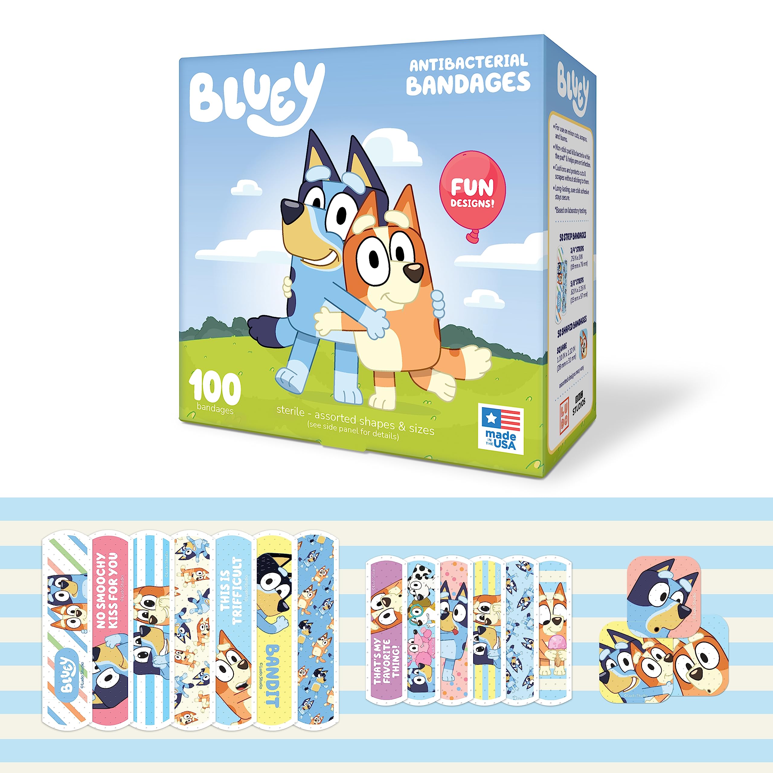 CARE BAND Bluey Kids Bandages front package shows three sizes for versatile injuries.