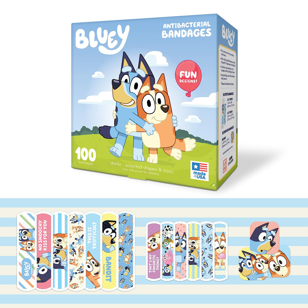 CARE BAND Bluey Kids Bandages front package shows three sizes for versatile injuries.