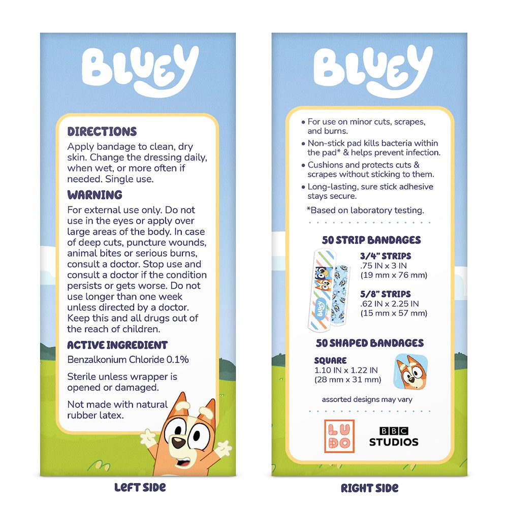 CARE BAND Bluey Kids Bandages 100-count pack supports quick, kid-friendly care.