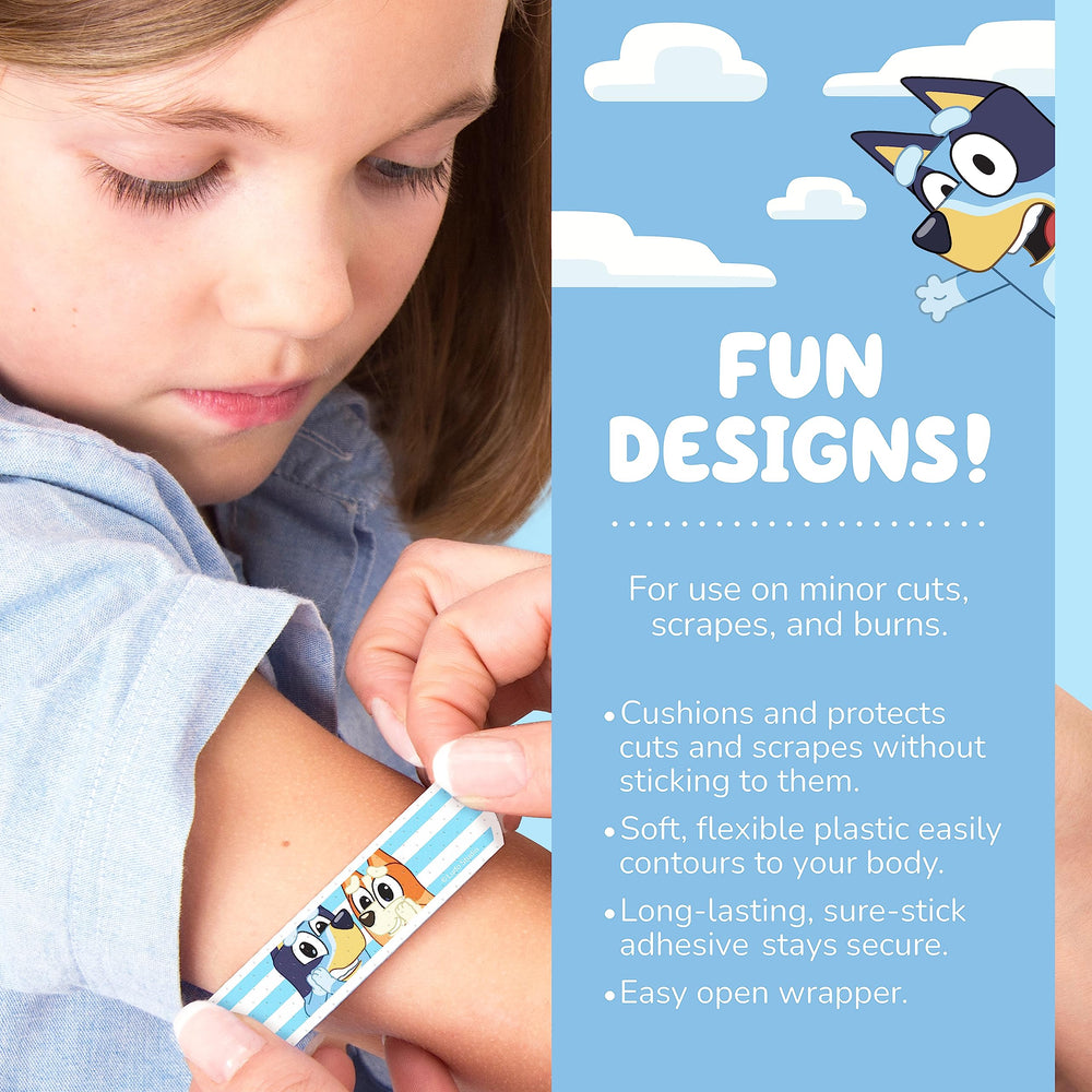 CARE BAND Bluey Kids Bandages sticker-like design invites fun, kid-friendly application.