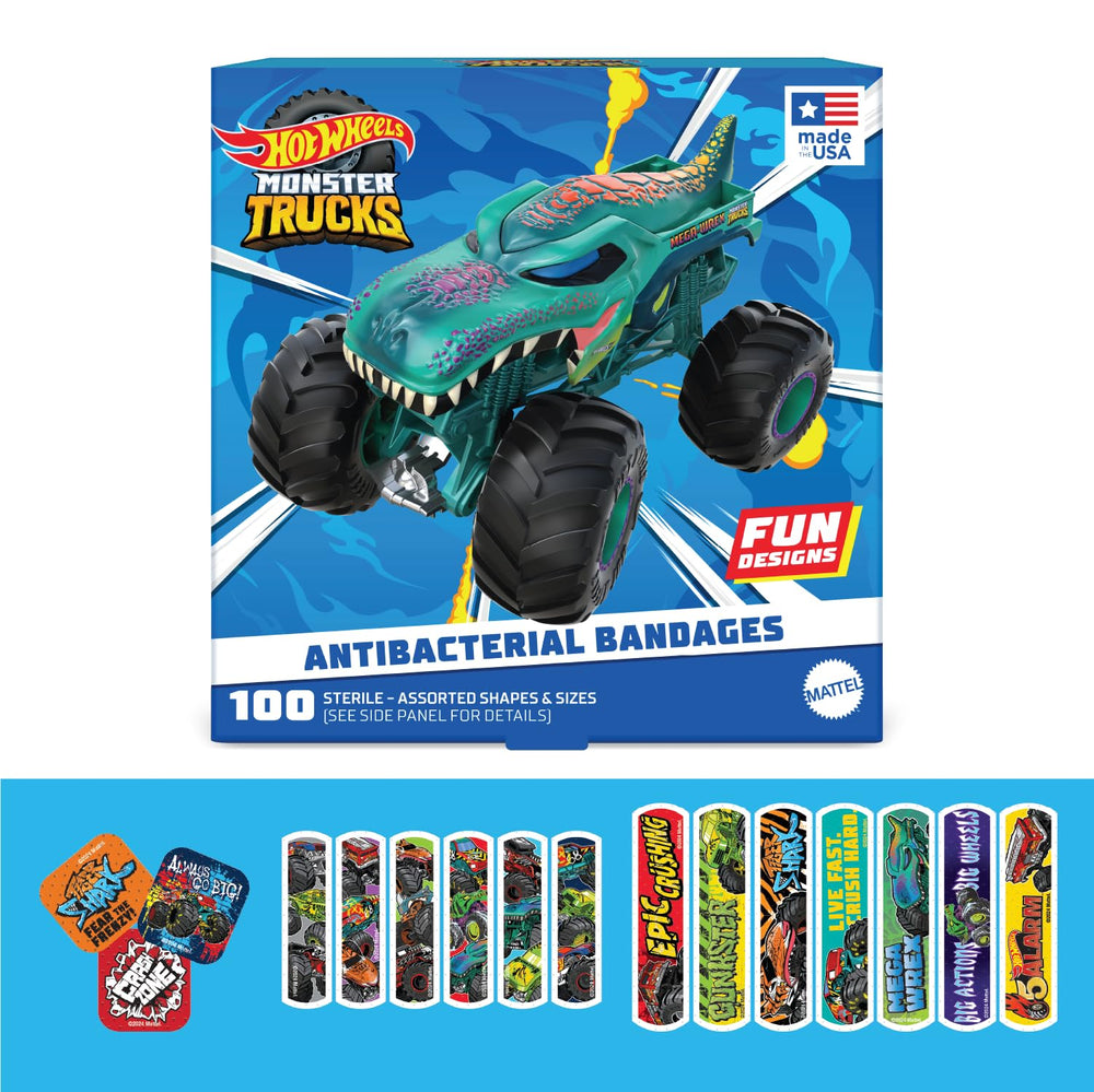 Care Band Hot Wheels packaging displaying the 100-count box for family first aid