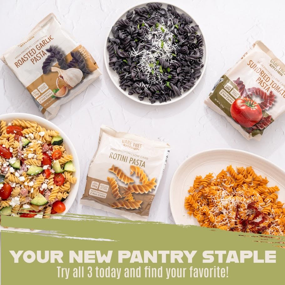 Care Free Kitchen plain rotini served with colorful sauce and herbs