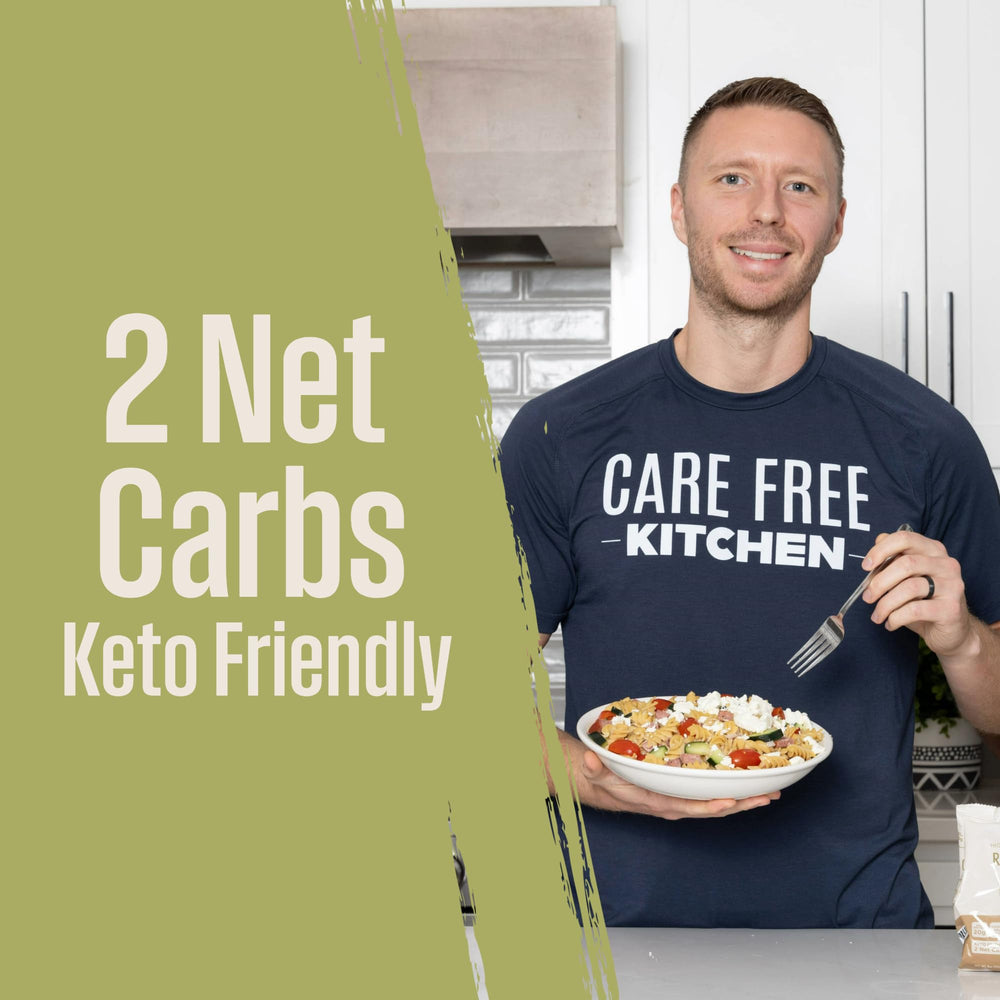 Care Free Kitchen plain rotini served with pesto showing low net carb option