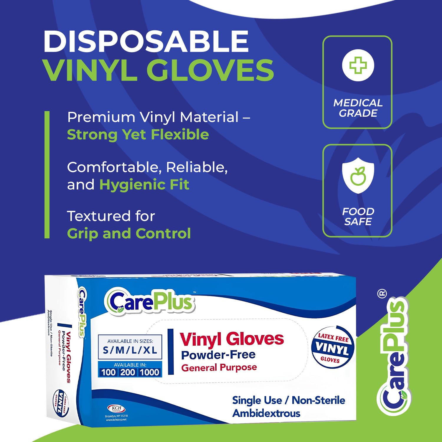 Care Plus vinyl gloves textured grip for secure handling of utensils and bottles.