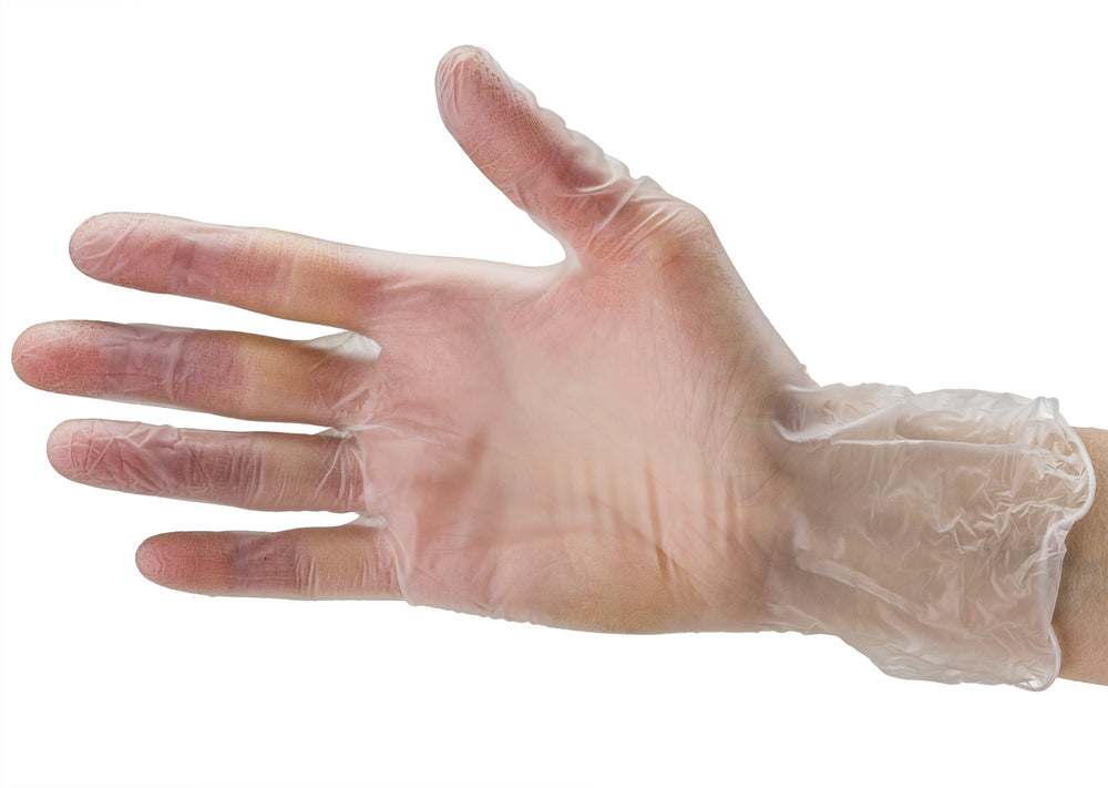 CARE PLUS clear vinyl gloves for easy wear and quick tasks.