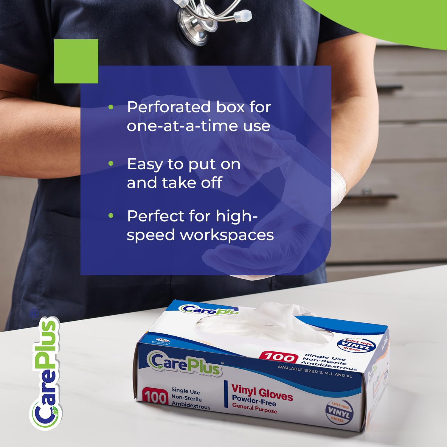 Care Plus ambidextrous gloves fit both hands with textured surface.