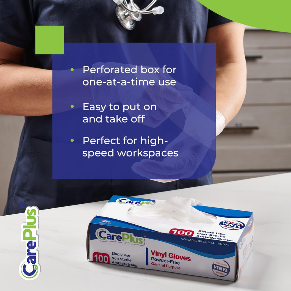 Care Plus ambidextrous gloves fit both hands with textured surface.