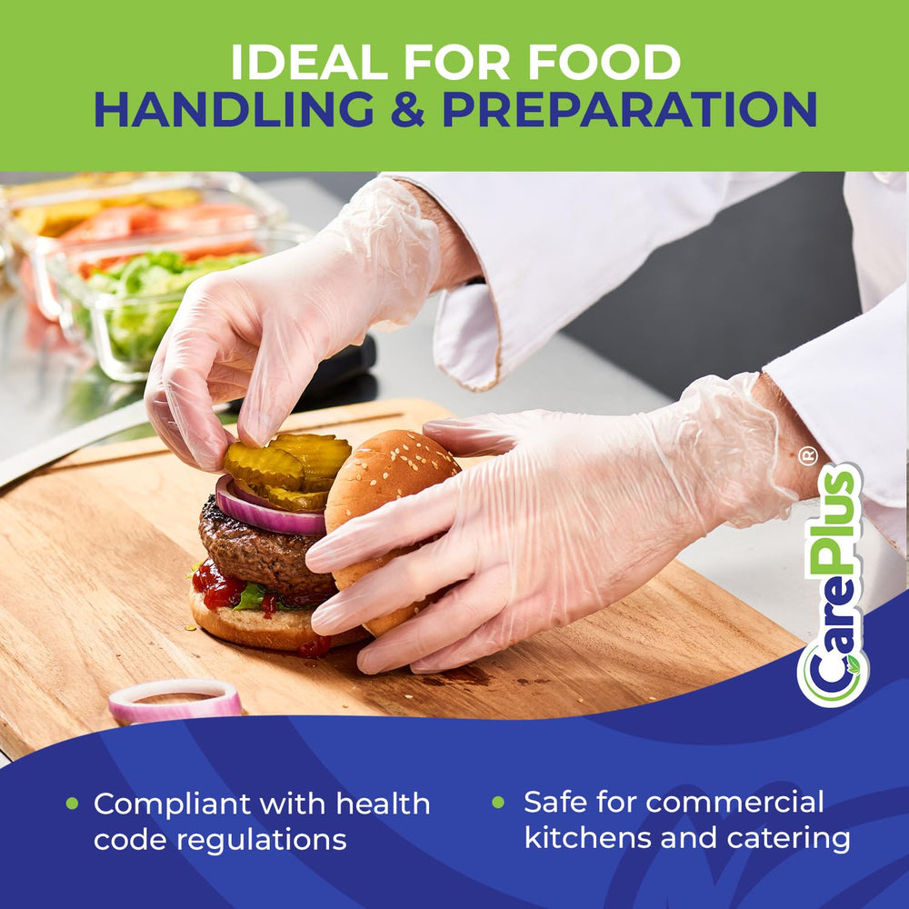 CARE PLUS clear gloves designed for professional kitchen use and sanitation.