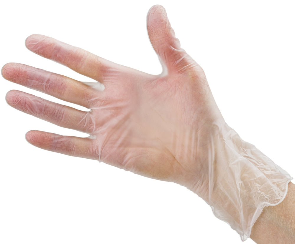 Care Plus clear gloves suitable for kitchen and cleaning duties.