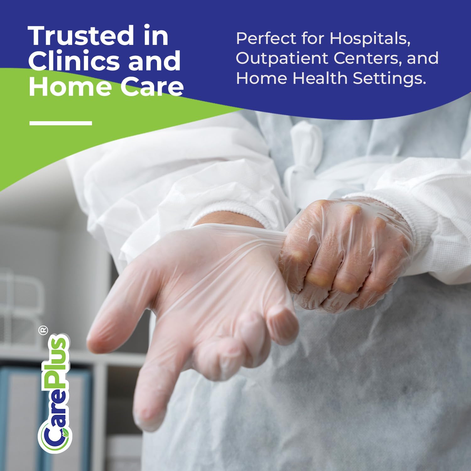 Care Plus powder-free vinyl gloves ideal for food prep and clean handling.