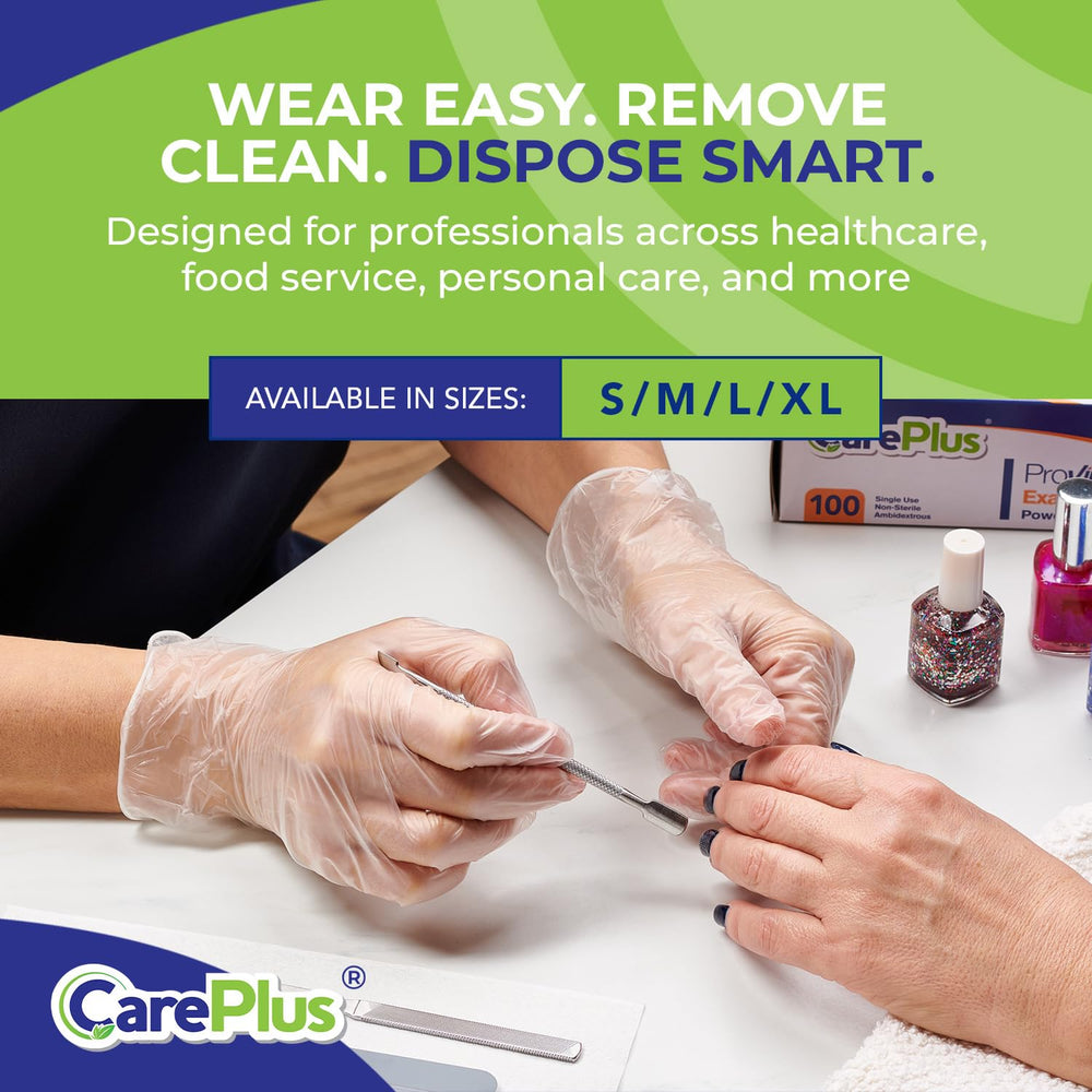 Care Plus non-sterile vinyl gloves for disposable, everyday tasks.