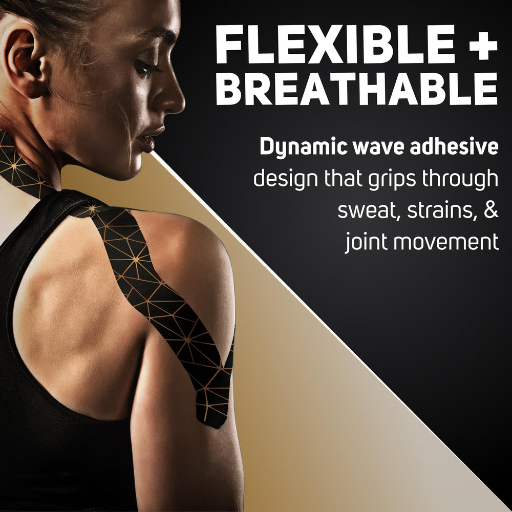 Care Science kinesiology tape applied on knee offers stable joint support during activity.