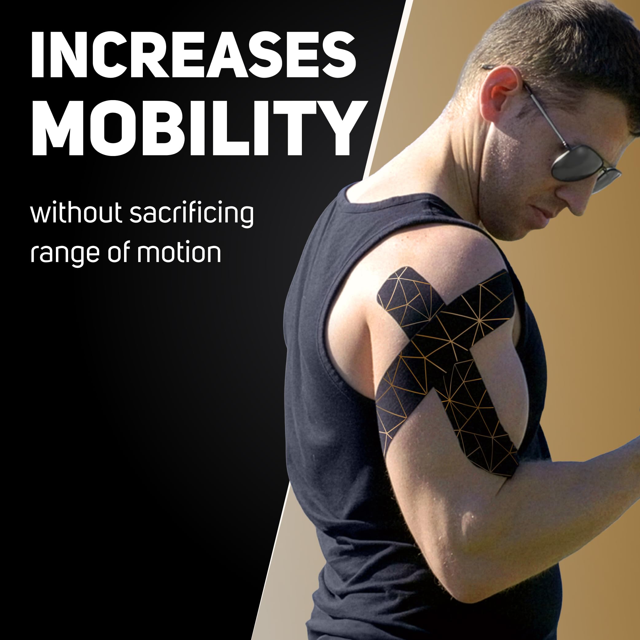 Care Science tape on shoulder demonstrates support during overhead lifting.
