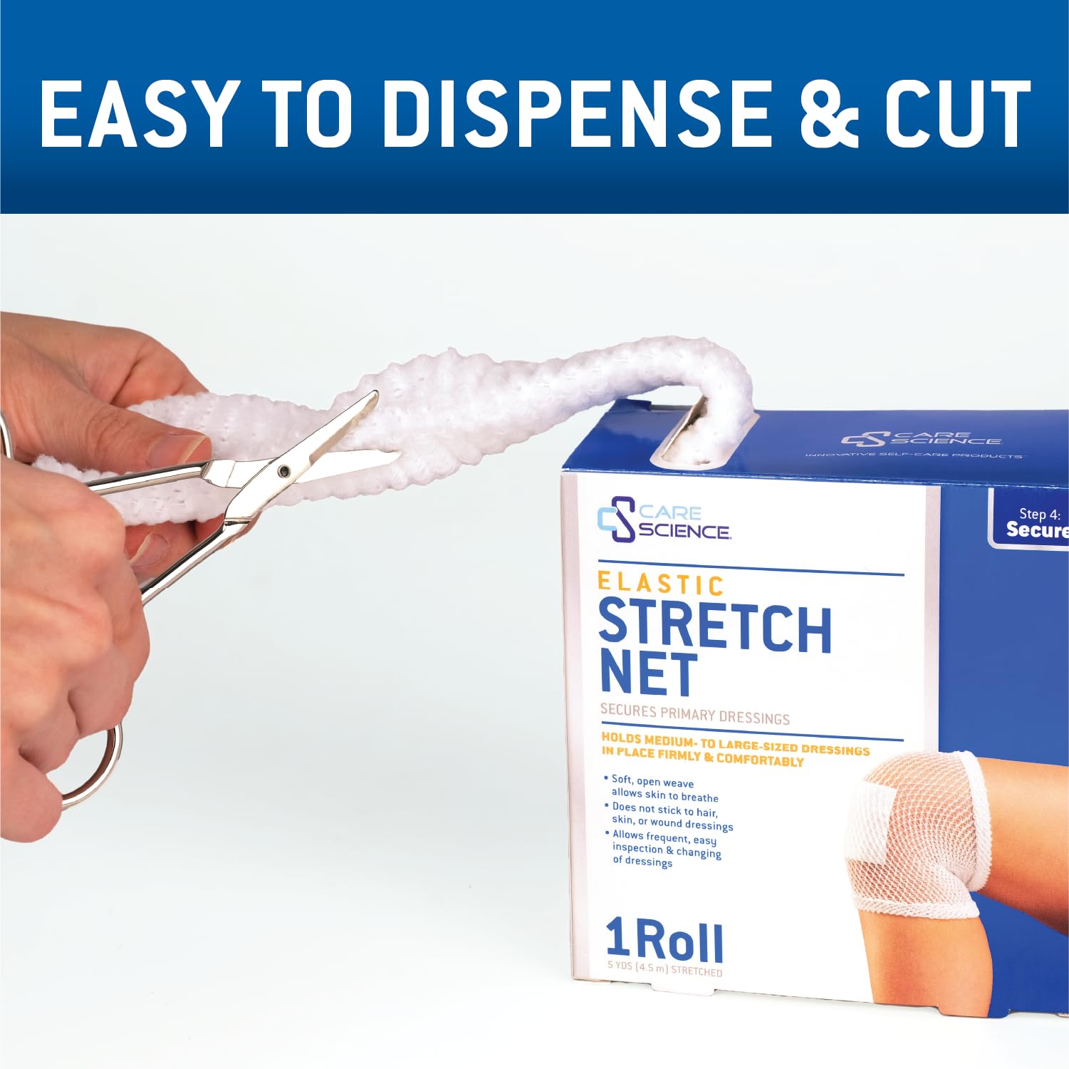 Care Science close-up showing secure dressing with elastic net