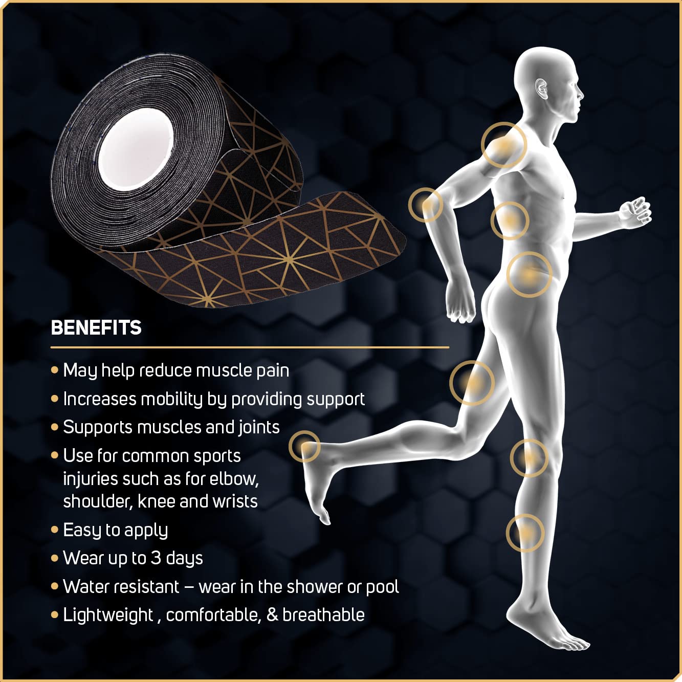 Care Science waterproof kinesiology tape on elbow precut strips provide stable support