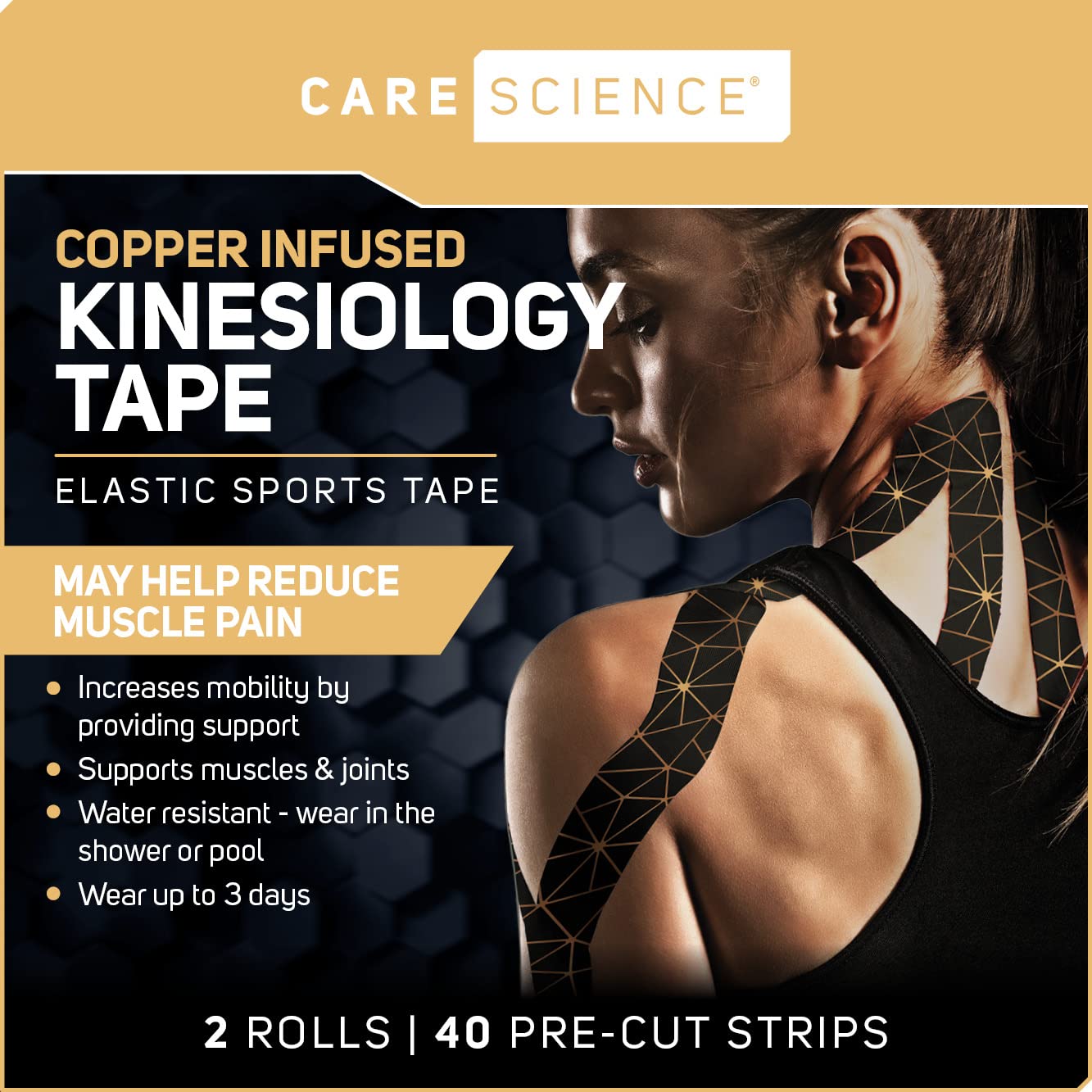 Care Science waterproof kinesiology tape on knee during workouts improves comfort