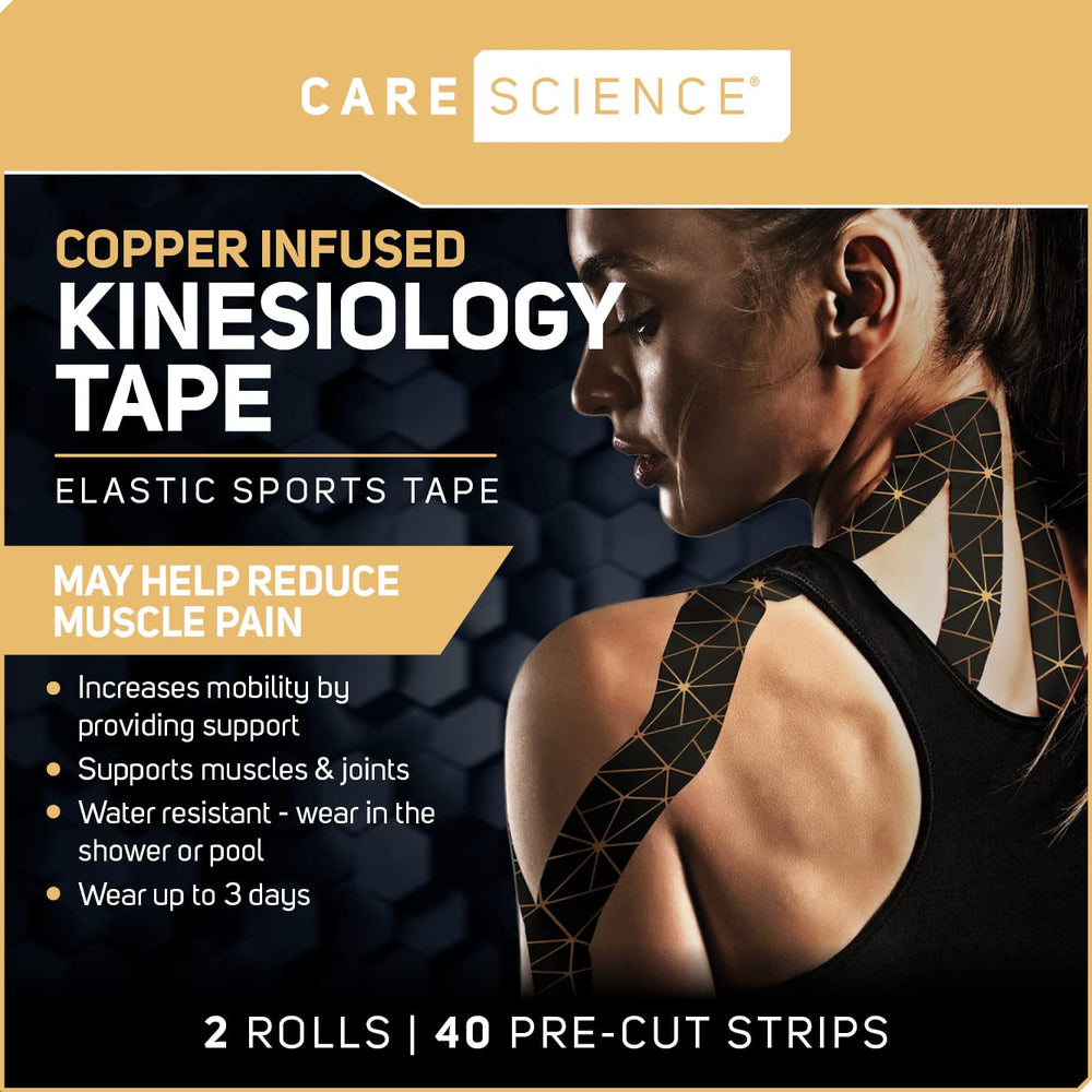 Care Science waterproof kinesiology tape on knee during workouts improves comfort
