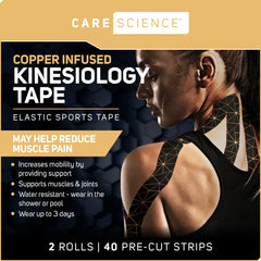 Care Science waterproof kinesiology tape on knee during workouts improves comfort