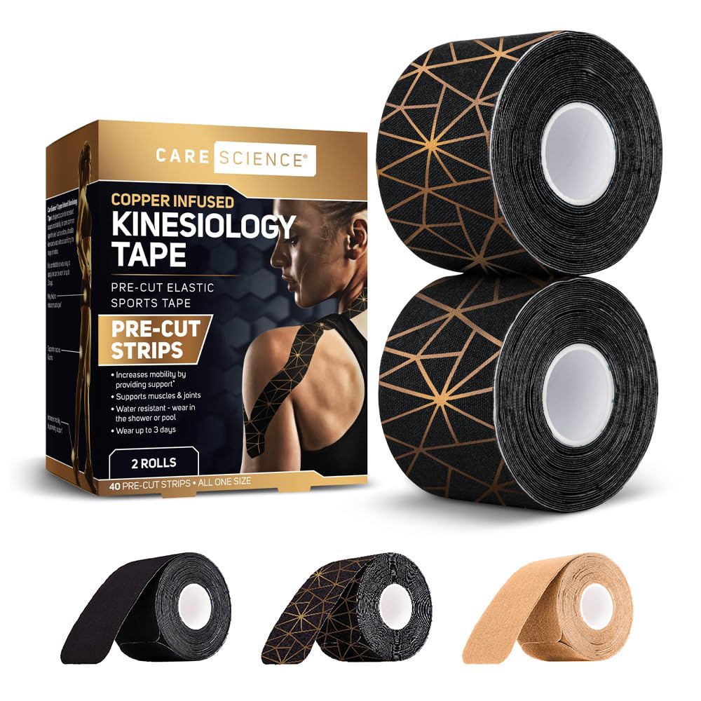 Care Science waterproof kinesiology tape pack with precut strips for versatile joint support