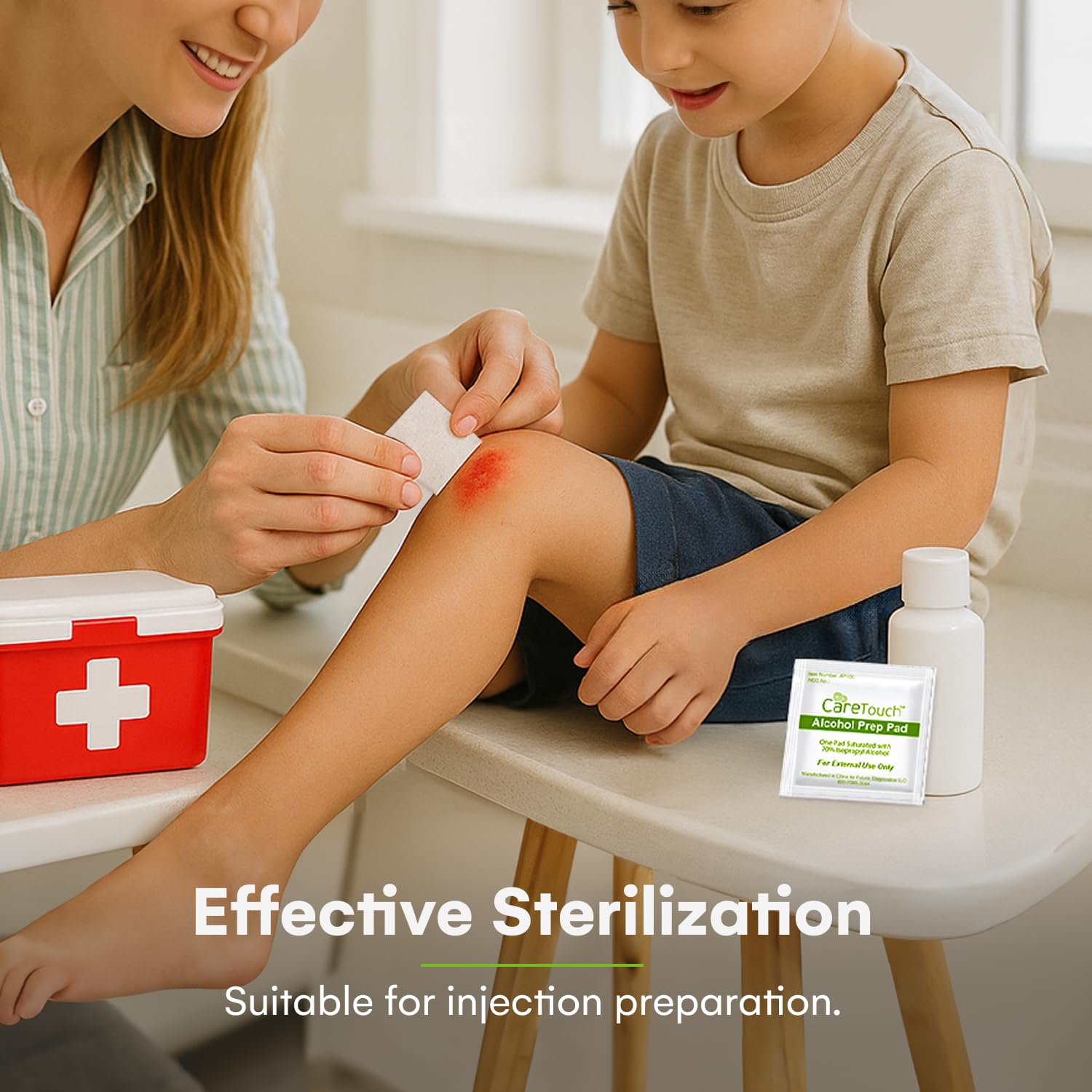Care Touch 100-pack gamma sterilized pads suggest hygienic use during travel.