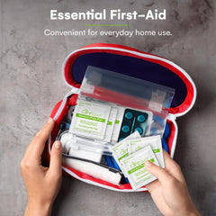 Care Touch 100-pack home-first-aid-kit pads illustrate compact size for quick on-site cleanup.