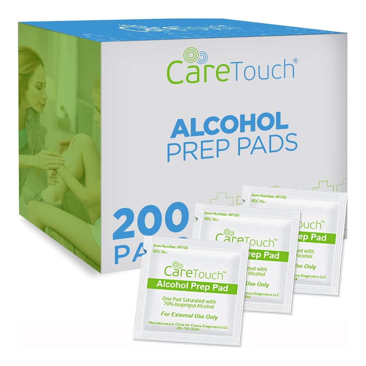 Care Touch alcohol wipes individually wrapped for fresh, on-the-go use.